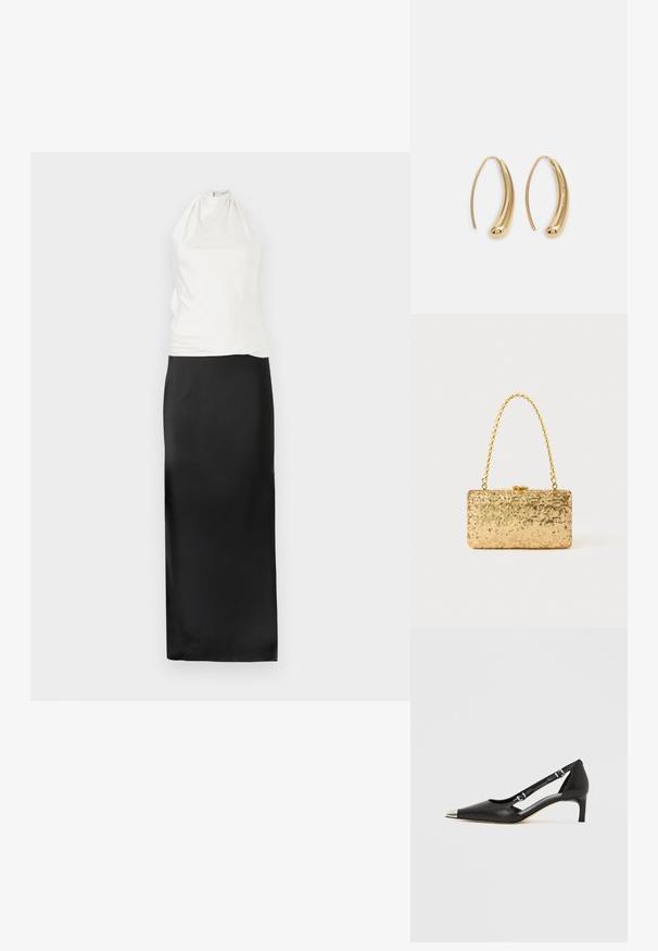 Šaty s halterovým výstřihem, bílé přiléhavé horní části a černou splývavou saténovou sukní. Hladká textura, minimalistický design a dlouhá silueta sahající až na zem.; Černá kožená botička s nízkým podpatkem, špičatou stříbrnou špičkou a dvěma pásky s přezkami na bílém pozadí.; Zlatá flitrová kabelka ve tvaru obdélníku, s propleteným řetízkovým uchem a kovovým zapínáním, odrážející světlo s texturovaným povrchem.; Náušnice ve tvaru kruhu z pozlaceného kovu s vroubkovaným, prodlouženým tvarem. Mají hladký, lesklý povrch a zaoblený konec pro zvýraznění detailu.