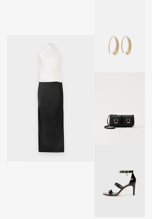 Halter nyakú ruha, testhezálló fehér felsőrésszel és légies fekete selyem szoknyával. Simább felület, minimalista kialakítás és földig érő sziluett.; Fekete lakk bőr szandál három pánttal, bokapánttal és 10 cm magasságú tűsarokkal. Arany színű részletekkel és logó charm-mal rendelkezik.; Fekete bőr keresztbody táska két elülső zsebbel, arany csattokkal, cipzáras záródással és vékony pánttal. Textúrált felület és kompakt téglalap alak.; Aranyszínű fémből készült karika fülbevalók ívelt, hosszúkás formával. Simaságával és fényes felületével, valamint lekerekített végével további részletekkel bővül.