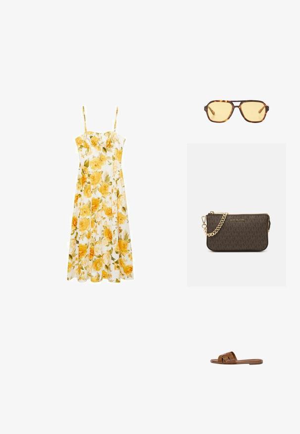Mango FLORAL MIDI - WITH GATHERED NECKLINE - Vestito casual - yellow; Sandalo in pelle marrone con fasce incrociate, suola piatta e una texture liscia. Design semplice senza decorazioni o motivi.; Occhiali da sole tartarugati con design geometrico, lenti gialle e dettagli in metallo sulle tempie. Montatura ampia e texture opaca.; Borsa a tracolla in pelle marrone con motivo logo, tracolla in catena dorata, chiusura con zip e dettagli in metallo dorato. Forma compatta e rettangolare.