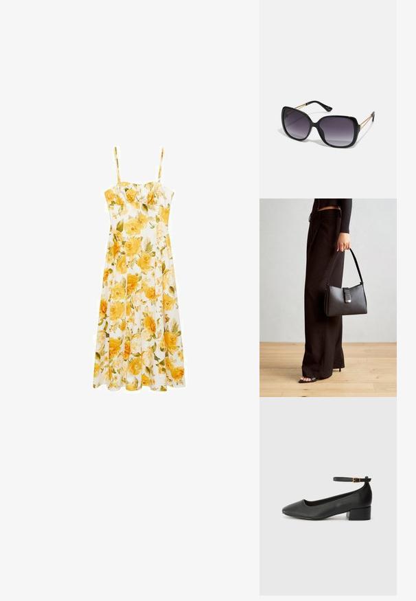 Mango FLORAL MIDI - WITH GATHERED NECKLINE - Vapaa-ajan mekko - yellow; Mustat nahkakengät, joissa on terävä kärki ja matala lohkare korko. Varustettu nilkkahihnalla, jossa on kultasävyinen solki. Lisää sileä pinta.; Mustat ylisuurten kehysten aurinkolasit, joissa on liukuväri-linssit, paksut kehykset ja kultasävyiset ketjustuskoristeet temppeleissä.; Musta käsilaukku, jossa on rakenteellinen muoto, sileä pinta ja metallinen solki. Yhdistetty leveisiin mustiin housuihin ja avonaiheisiin sandaaleihin puulattialla.