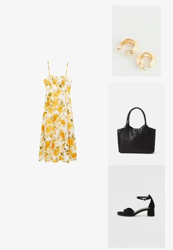Mango FLORAL MIDI - WITH GATHERED NECKLINE - Freizeitkleid - yellow; Schwarze Wildleder-Espadrilles mit einem dünnen Knöchelriemen, offener Zehenpartie und moderatem Blockabsatz. Glatte Textur und minimale Akzente.; Schwarze Leder-Tote mit glatter Textur, strukturiertem Design, zwei Griffen und einem auffälligen silbernen Schnallen-Detail auf der Vorderseite.; Goldfarbene Creolen mit polierter Oberfläche, ausgestattet mit einem geriffelten Design und einem Steckverschluss. Runde, klobige Form.