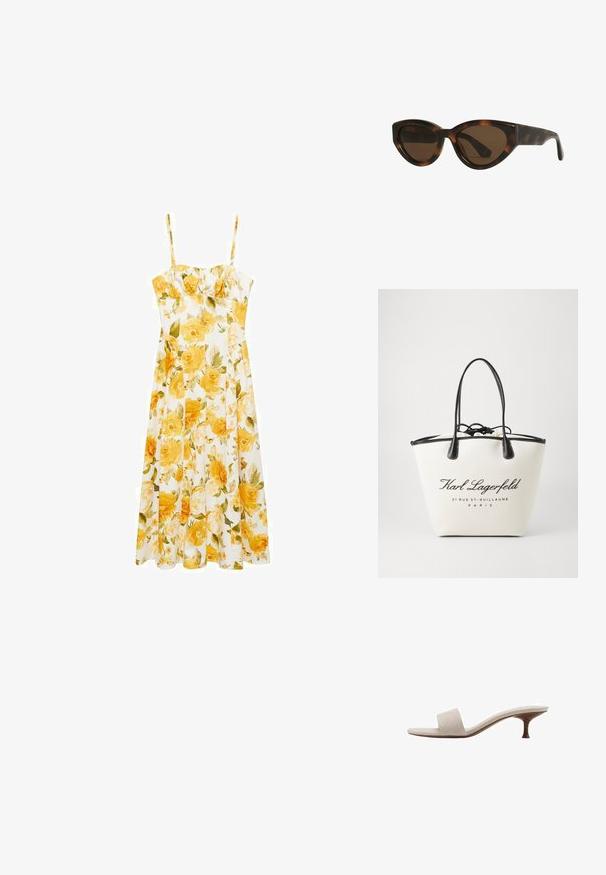 Mango FLORAL MIDI - WITH GATHERED NECKLINE - Dnevna haljina - yellow; Sandal bez pete s bež gornjom tkaninom od pletenog materijala, otvorenom petom i zakrivljenim drvenim srednjim džonom. Dizajn se odlikuje glatkom teksturom i minimalističkim oblikom.; Mačkaste sunčane naočale u obliku mačjih očiju s smešnim lećama, imaju glatke, sjajne plastične okvire i elegantan dizajn. Nema vidljivih logotipa ili akcenta.; Platnena torba u krem boji s crnim kožnim detaljima, koja ima zatvaranje na vezicu i ispisani logotip. Glatka tekstura i strukturirani oblik.