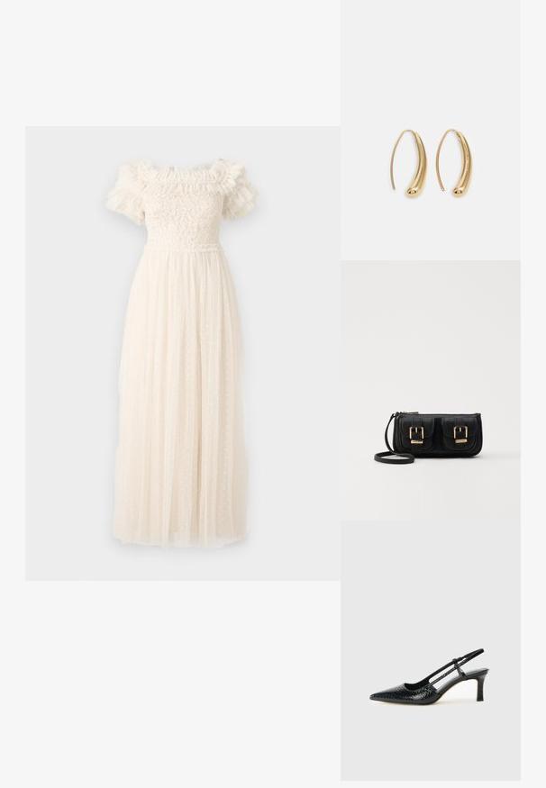 Needle & Thread MIDSUMMER BODICE OFF SHOULDER GOWN - Ballkjole - exclusive cream; Sorte patent slingback hæl med spids tå, featuring tekstureret slangeskind, justerbar rem og en kort, tekstureret blokhæl.; Svart skinn crossbody veske med to frontlommer, gyldne spenner, glidelåslukking og en slank stropp. Teksturert overflate og kompakt rektangulær form.; Gullfargede metalløredobber med en buet, forlenget form. Har en jevn, blank overflate og en avrundet tupp for ekstra detaljer.