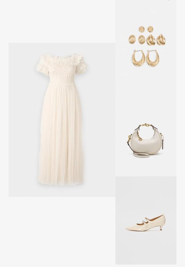 Needle & Thread MIDSUMMER BODICE OFF SHOULDER GOWN - Apģērbs svinīgiem gadījumiem - exclusive cream; Beige lakota ādas Mary Jane apavi ar diviem regulējamiem siksniņām, smailu purngalu un zemu papēdi. Gluda tekstūra ar spīdīgu apdari.; Krēma krāsas ādas rokassoma ar pusmēness formas dizainu, zelta metalizējumu, melniem akcentiem un noņemamu siksnu. Iespējas ietver ķēdes detaļu un birku.; Zelta tonizēti auskari komplekts, kurā ir trīs pāri: teksturēti ovālie studu auskari, viļņota dizaina studu auskari, un lieli gredzenu auskari ar slāņainām ribām.