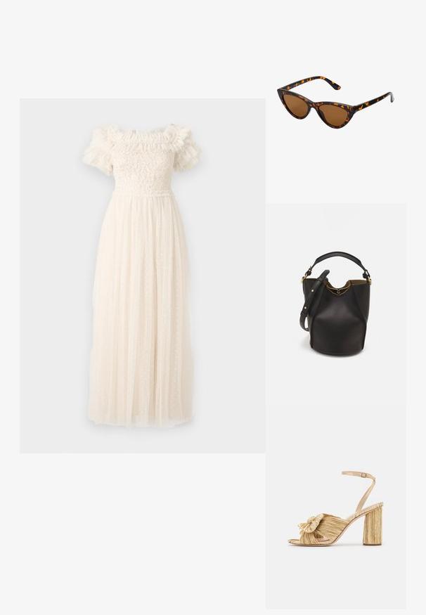 Needle & Thread MIDSUMMER BODICE OFF SHOULDER GOWN - Vestido de fiesta - exclusive cream; Sandalias doradas de tacón con un frente anudado, textura plisada y una correa en el tobillo. El tacón cuadrado tiene un diseño estriado que mejora la adherencia.; Gafas de sol estilo ojo de gato con montura de carey negra y naranja, lentes marrones y puntas elegantes y afiladas. Presenta un logo minimalista en la patilla.; Bolso de cubo negro de cuero con un acabado texturizado, acentos de hardware dorado y parte superior abierta. Cuenta con un asa corta y una correa de hombro ajustable.