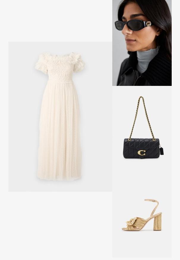 Needle & Thread - Suknia balowa; Złote sandały na obcasie z wiązanym przodem, plisowanym wykończeniem i paskiem na kostkę. Obcas blokowy ma żebrowany wzór, co zwiększa przyczepność.; Czarne okulary przeciwsłoneczne o eleganckim, prostokątnym kształcie z logo w kolorze złotym na boku. Ciemne soczewki i błyszczące wykończenie są wyraźnie widoczne.; Czarna pikowana torebka na ramię z złotym łańcuszkiem, z charakterystycznym złotym zapięciem i małym tagiem, prezentująca teksturowaną skórzaną powierzchnię.