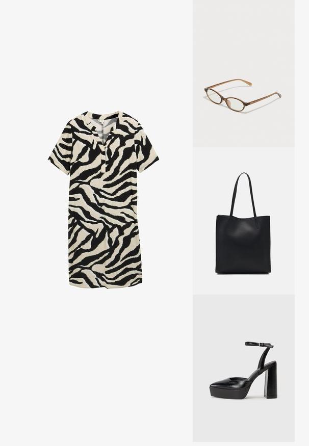 Sukienka z krótkim rękawem w kolorze kremowym w czarno-białe paski zebry, z dekoltem w kształcie litery V i luźnym krojem. Gładka tekstura materiału.; Czarne platformy na wysokim obcasie z szpiczastym noskiem i regulowanym paskiem na kostkę. Wykonane z gładkiej skóry, z grubym słupkowym obcasem.; Brązowe okulary w motyle z owalnymi soczewkami, cienkimi ramionami i przezroczystymi akcentami. Posiadają subtelne logo na zauszniku. Smukły, lekki design.; Czarna skórzana torba tote o gładkiej fakturze, prostokątnym kształcie i dwóch długich uchwytach. Brak widocznych elementów metalowych i ozdób.