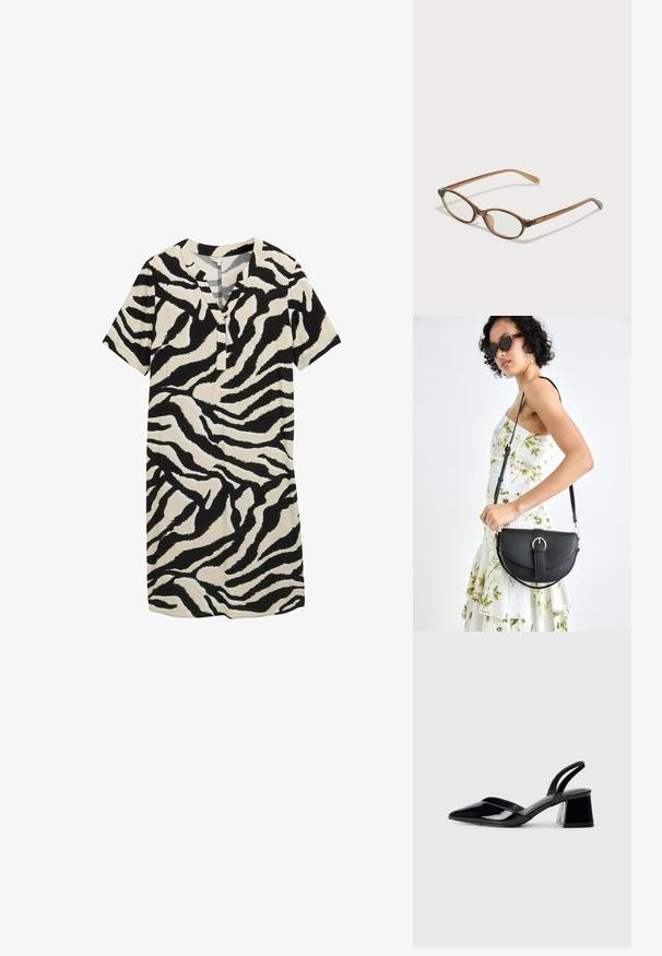 Kortärmad klänning i krämfärg med ett svart- och vitt randigt zebramönster, med en urklippt halsringning och avslappnad passform. Slät tygtextur.; Svarta lackläder slingback klackar med spetsig tå och geometrisk klack. Har en elegant, minimalistisk design och slät yta.; Bruna sköldpaddsformade glasögon med ovala linser, tunna skalmar och transparanta detaljer. Innehåller en diskret logotyp på bågen. Snygg, lätt design.; Svart läderhandväska med en böjd form, avtagbar rem och guldiga detaljer. Väskan har ett lock med en spänndetalj.