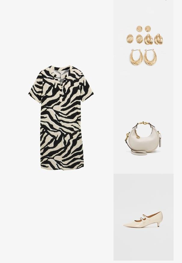 Kurzärmliges Kleid in Creme mit einem schwarz-weißen Zebramuster, ausgestattet mit einem abgestuften Ausschnitt und lockerer Passform. Glatte Stofftextur.; Beige Lackleder-Mary-Jane-Schuhe mit zwei verstellbaren Schnallen, spitzem Schuhkopf und niedrigem Absatz. Glatte Textur mit glänzendem Finish.; Cremfarbene Lederhandtasche in Mondform, mit goldenen Akzenten, schwarzen Details und einem abnehmbaren Gurt. Sie verfügt über eine Kettendetail und einen Anhänger.; Goldfarbene Ohrringe, bestehend aus drei Paaren: strukturierte ovale Stecker, ohrringe mit gewelltem Design und große Creolen mit geschichteten Rillen.