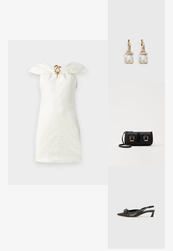 Λευκό αμάνικο φόρεμα με λαιμόκοψη τύπου φιόγκου και διακοσμητική χρυσή λεπτομέρεια στο κέντρο. Ύφασμα λινών, εφαρμοστή σιλουέτα.; Μαύρο δερμάτινο παπούτσι slingback με μυτερή μύτη, μικρό τακούνι και διακοσμητική αγκράφα στο πάνω μέρος. Σmooth υφή, μινιμαλιστικός σχεδιασμός.; Μαύρη δερμάτινη τσάντα ώμου με δύο μπροστινές τσέπες, χρυσά κούμπωματα, κλείσιμο με φερμουάρ και λεπτό λουρί. Υφή επιφάνειας και κομψό ορθογώνιο σχήμα.; Χρυσά σκουλαρίκια με ορθογώνιο, καθαρό κρύσταλλο που κρέμεται κάτω από μια σειρά μικρών, στρογγυλών, καθαρών λεπτομερειών. Λεπτός, σύγχρονος σχεδιασμός.