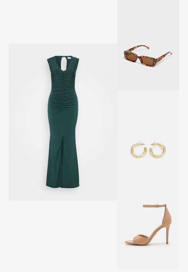 Ciemnozielona, bezrękawnikowa sukienka z marszczonym korpusem, odkryty plecy i rozcięciem z przodu. Gładki materiał o dopasowanym kroju, długość do podłogi.; ALDO CRERIDE beżowy; Okulary przeciwsłoneczne w kolorze tortoishell z prostokątnymi brązowymi soczewkami, grubą oprawką i cienkimi zausznikami z wzorem w różnych odcieniach brązu.; Złote kolczyki w kształcie kółek o gładkim, błyszczącym wykończeniu. Okrągły design z małym klipsem i przezroczystym zapięciem zapewniającym bezpieczne noszenie.