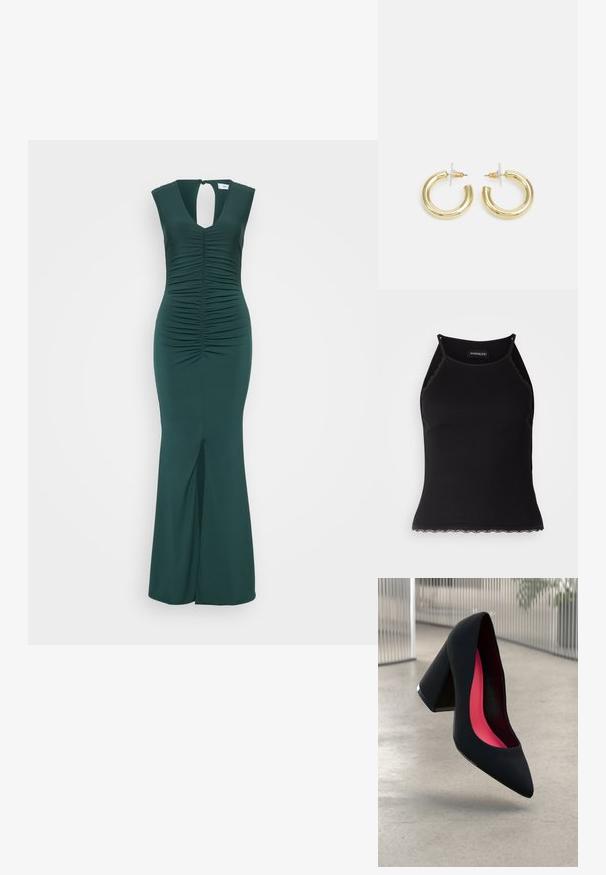 Tamnozelena haljina bez rukava s naboranim gornjim dijelom, izrezom na leđima i prorezom sprijeda. Glatka tkanina s prilagođenim siluetom, do poda.; Crna ženska majica bez rukava s rebrastim uzorkom i čipkastim obrubom na donjem dijelu. Ima tanke naramenice i prilagođen dizajn. Izrađena od rastezljivog materijala.; Crna visoka potpetica s oštrim vrhom, teksturiranom površinom i živopisnom ružičastom unutrašnjošću. Ima masivnu potpeticu s srebrnim detaljem.; Zlatne kružne naušnice s glatkom, sjajnom završnom obradom. Kružni dizajn s malom potporom i prozirnom podlogom za sigurno nošenje.