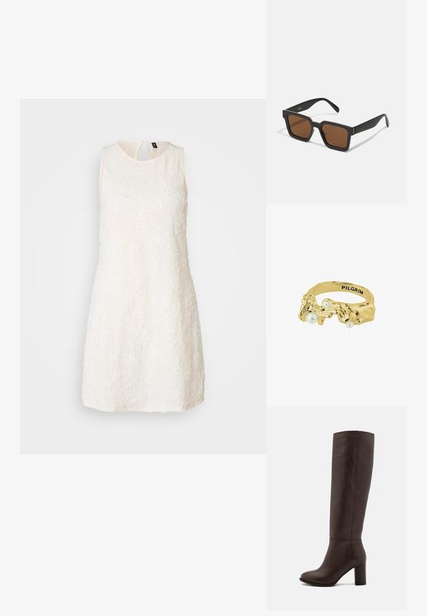 Balta bezpiedurkņu kleita ar teksturētu ziedu izšuvumu, apaļu kakla izgriezumu un atslēgvārda aizmuguri. Tieša silueta, līdz ceļiem. Mīksta auduma.; Brūni ādas zīmola ceļgala zābaki ar kvadrātveida papēdi, gludu tekstūru, apaļu purngalu un minimālām šuvju detaļām.; Melni kvadrātveida saulesbrilles ar brūniem lēcām, ar matētu apdari un zelta akcentiem uz rāmja. Dizains ir leņķisks ar plats rokām.; Zelta tonī apveltīta gredzens ar organisku, teksturētu dizainu, kurā ir trīs iegravētas baltas pērles. iekšējā joslā atzīmēts ar "PILGRIM".