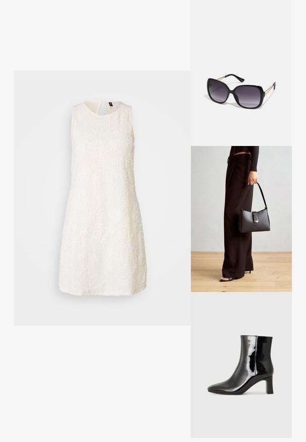 Vestido branco sem mangas com bordado floral texturizado, gola redonda e costas com recorte em lágrima. Silhueta reta, até aos joelhos. Tecido macio.; Botim de tornozelo em pele sintética preta com bico apontado e salto bloco de altura média. Textura suave e design minimalista.; Óculos de sol oversized pretos com lentes degradê, armações grossas e detalhes em corrente dourada nas hastes.; Bolsa preta com forma estruturada, textura suave e um fecho metálico. Combinada com calças largas pretas e sandálias de salto aberto sobre um chão de madeira.