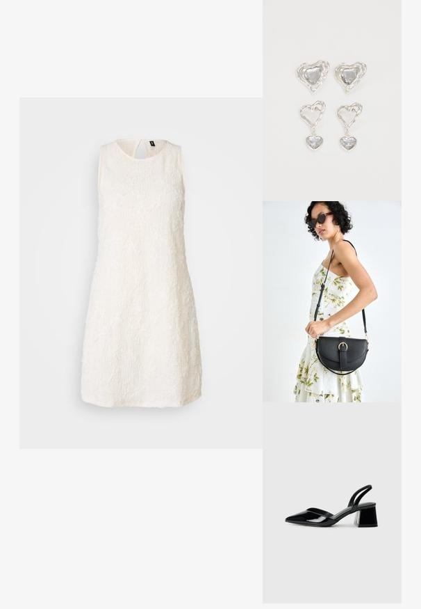 Rochie albă fără mâneci, cu broderie florală texturată, guler rotund și spate cu deschidere în formă de cheie. Siluetă dreaptă, până la genunchi. Material moale.; Pantofi cu toc slingback din piele lacuită neagră, cu vârf ascuțit și toc geometric. Prezintă un design elegant, minimalist și o textură netedă.; Geantă din piele neagră, cu o formă curbată, curea detașabilă și accesorii aurii. Geanta are un capac cu un detaliu tip cataramă.; Cerceii în formă de inimă argintie sunt decorați cu pietre clare fațetate, având un cadru texturat. Setul include stiluri cu buton și cu pandantiv.