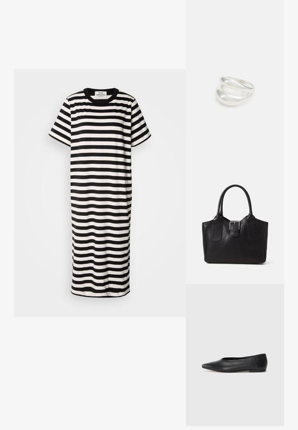 Prugasta majica haljina u crno-bijeloj boji, kratki rukavi, okrugli izrez, do koljena, napravljena od glatkog materijala s opuštenim krojem.; Crne kožne balerinke, uski vrh, minimalistički dizajn, glatka tekstura, niska peta, bez vidljivih dodataka ili ukrasa.; Crna kožna torba za nošenje s glatkom teksturom, strukturiranim oblikom, dvije ručke i istaknutim srebrnim kopčanjem na prednjoj strani.; Srebrna dvostruka prsten s glatkom, poliranom površinom. Karakterizira ga fluidan, zakrivljen dizajn s preklapajućim sekcijama za moderan izgled.
