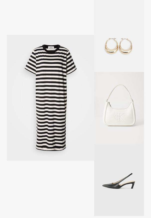 Juostuota t-shirt suknelė juodos ir baltos spalvų, trumpomis rankovėmis, apvalia iškirpte, iki kelių ilgio, pagaminta iš švelnaus audinio su laisvu siluetu.; Juodas smailus slingback batelis su žemu kulnu, pagamintas iš lygaus odos paviršiaus ir su išpjovomis šone, užtikrinančiomis oro pralaidumą.; Balta odinė rankinė su išlenkta forma, su reljefiniu "CK" logotipu priekyje ir viena petneša. Užtrauktuko uždarymas viršuje.; Auksinės tonacijos auskarai su mėnulio forma, lygus paviršius ir sklendės uždarymas. Lygus tekstūra ir atspindintis finis padidina matomumą.