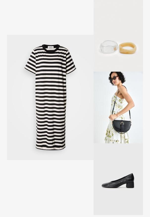 Stribdet t-skjortekjole i svart og hvitt, kortermet, rund hals, kne-lang, laget av glatt stoff med en avslappet passform.; Sorte lærpumps med rund tå og mellomstor blokkhæl. Glatt tekstur med minimalt med detaljer, og har en subtil elastisk åpning.; Svart lærveske med en buet form, avtagbar stropp og gullbeslag. Vesken har et klaff med spenne-detall.; Klare og ravfargede harer, den ene glatt og gjennomsiktig, den andre med en teksturert, ravfarget finish. Begge har avrundede, kraftige design.