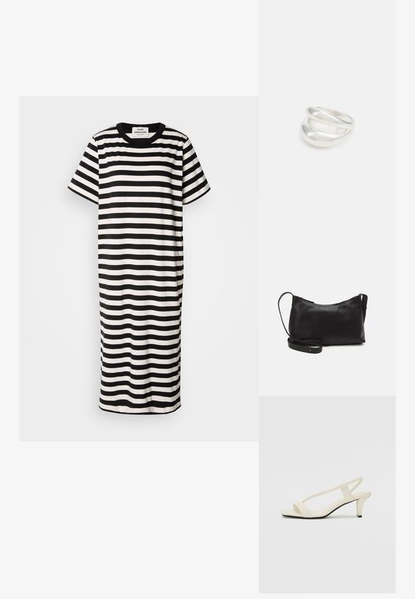 Raidallinen t-paitamekko mustavalkoisena, lyhyet hihat, pyöreä kaula-aukko, polvipituinen, valmistettu sileästä kankaasta ja rento istuvuus.; Beige sandaalit, joissa on loiva korko, ohuet hihnat ja neliönmallinen varvasosa. Sileä materiaali, jossa on minimaalista yksityiskohtaa, suunniteltu helppokäyttöiseksi.; Musta nahkainen olkalaukku, jossa on sileä pinta, kaareva muoto, säädettävä hihna ja vetoketjukiinnitys. Minimalistinen muotoilu ilman koristeita.; Hopeinen kaksinkertainen rengas, jossa on sileä, kiillotettu pinta. Siinä on sulava, kaareva muotoilu, jossa on päällekkäisiä osia modernin ilmeen saavuttamiseksi.