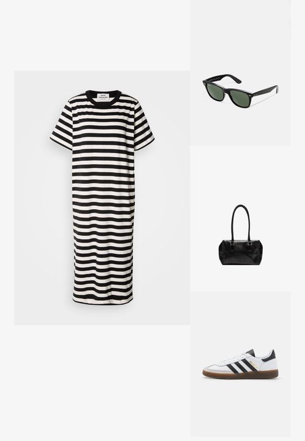 Sukienka t-shirt w paski w czarno-białym kolorze, z krótkimi rękawami, okrągłym dekoltem, długości do kolan, wykonana z gładkiego materiału o luźnym kroju.; Białe skórzane sneakersy z czarnymi zamszowymi akcentami, trzema czarnymi paskami, beżową gumową podeszwą i złotym logo "SPEZIAL" na boku.; Czarne plastikowe okulary przeciwsłoneczne z zielonymi szkłami, kwadratowe oprawki, srebrny akcent na brwi oraz fakturowane ramiona temple. Nazwa marki podana na wewnętrznej stronie ramion.; Liebeskind Berlin KAYLA czarny