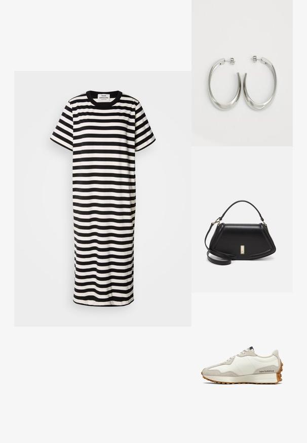 Gestreiftes T-Shirt-Kleid in Schwarz und Weiß, kurze Ärmel, runder Ausschnitt, knielang, aus glattem Stoff mit lockerer Passform.; Weiße und beige Sneaker mit glattem Lederobermaterial und Wildledereinsätzen. Ausgestattet mit runden Schnürsenkeln, einer gepolsterten Sohle und einer strukturierten Gummiaußensohle.; Schwarze Lederhandtasche mit einem strukturierten Design, das eine verkürzte Form, einen oberen Griff und goldfarbene Hardware-Details aufweist. Verstellbarer Schulterriemen ist enthalten.; Silberne Creolen mit einem glatten, geschwungenen Design. Mit einem glänzenden metallischen Finish und Steckverschluss. Keine sichtbaren Muster oder Akzente.