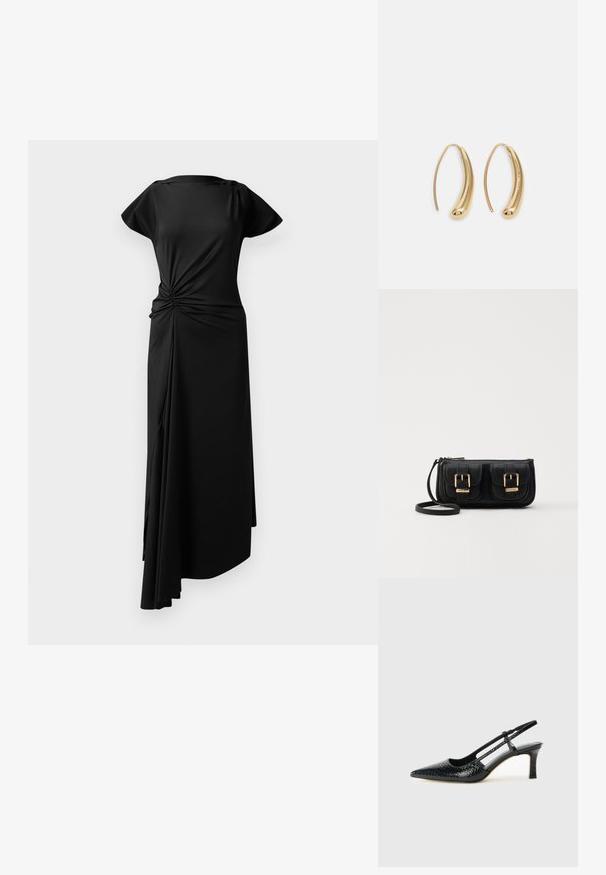 Fekete ruha rövid ujjakkal, aszimmetrikus kialakítással, csavart részlet a deréknál, és lágyan omló szoknyával, amely a térd közepéig ér. Simább szövet textúra.; Fekete lakk slingback sarok, hegyes orral, texturált kígyómintával, állítható pánttal és rövid, texturált tömbsarkal.; Fekete bőr keresztbody táska két elülső zsebbel, arany csattokkal, cipzáras záródással és vékony pánttal. Textúrált felület és kompakt téglalap alak.; Aranyszínű fémből készült karika fülbevalók ívelt, hosszúkás formával. Simaságával és fényes felületével, valamint lekerekített végével további részletekkel bővül.
