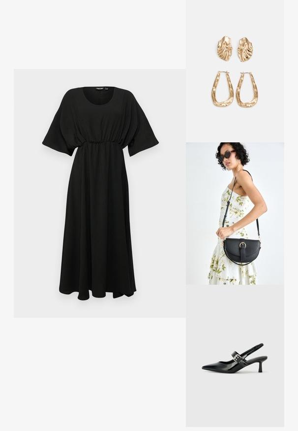Črna obleka do kolen s kratkimi, širokimi rokavi, nabranim pasom in lahkim materialom. Ima gladko teksturo in preprost okrogel izrez.; Črne patent usnjene slingback pete s koničastim nosom in majhnim blok peto, ki vključujejo srebrno zaponko na traku.; Črna usnjena torbica s ukrivljeno obliko, z odstranljivo naramnico in zlatimi dodatki. Torbica ima pokrov s podrobnostmi v obliki zaponke.; Zlato obarvani uhani z teksturiranimi, valovitimi oblikami. Vključujejo skulpturalne sponke za ušesa in odprto obliko obročka s kladivastim finišem.