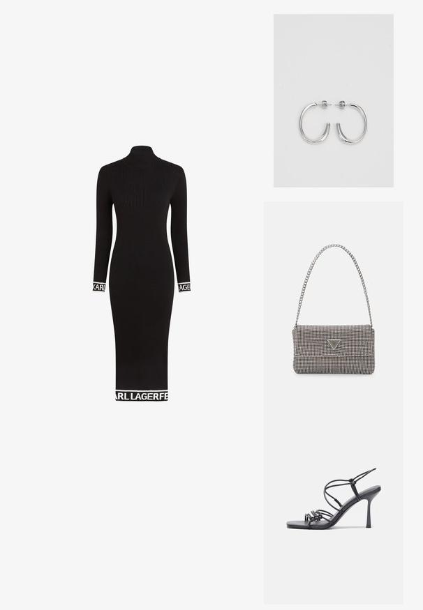 Robe noire à côtes avec un col montant, des manches longues et des bandes de logo blanches contrastantes aux poignets et à l'ourlet. Silhouette ajustée, longueur midi.; Des sandales noires à talons hauts avec des fines lanières au design noué, un bout carré lisse et un talon aiguille élégant.; Sac à main en métal gris clair avec une bandoulière en chaîne, orné de petits clous métalliques ronds et d'un logo de marque triangulaire.; Boucles d'oreilles en argent avec une finition lisse et brillante. Forme arrondie, conception légère, avec un fermoir à tige.