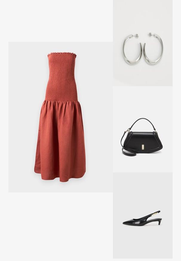 Duga, halter haljina s nabrano tijelo u boji hrđe, koja ima rašireni, nabran suknju za teksturirani izgled.; Crne kožne sandale s petom, s izduženim vrhom, imaju usku petu i zlatni akcent na podesivoj traci. Glatka tekstura.; Crna kožna torba s strukturiranim dizajnom, s krojenim oblikom, gornjom drškom i zlatnim detaljima. Uključena je podesiva ramena traka.; Srebrne kružne naušnice s glatkim, zakrivljenim dizajnom. Imaju sjajnu metalnu završnu obradu i kopču na tipku. Nema vidljivih uzoraka ili ukrasa.