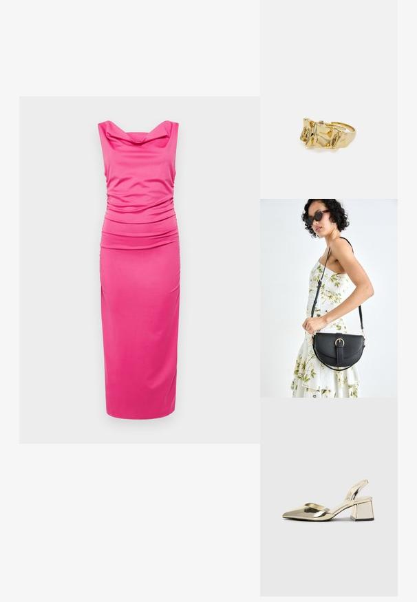 Roosa, napilt keha järgiv kleit on valmistatud venivast kangast. Kleidil on kaeluses voltidega detailid külgedel ning elegantne midi-pikkune seelik.; Kuldne, metallilised slingback-kudumid terava varba ja paksu kontsaga. Sile tekstuur, minimalistlik disain ja kitsas rihm.; Mustmust mustraha kõverate joontega, eemaldatava rihmaga ja kuldsete detailidega. Kotil on klapp, millel on pandladetail.; Kuldne sõrmus tekstureeritud, lainelise disainiga, millel on kolm silmapaistvat tippu. Sile, läikiv pind ja avatud riba, mis võimaldab reguleeritavat sobivust.