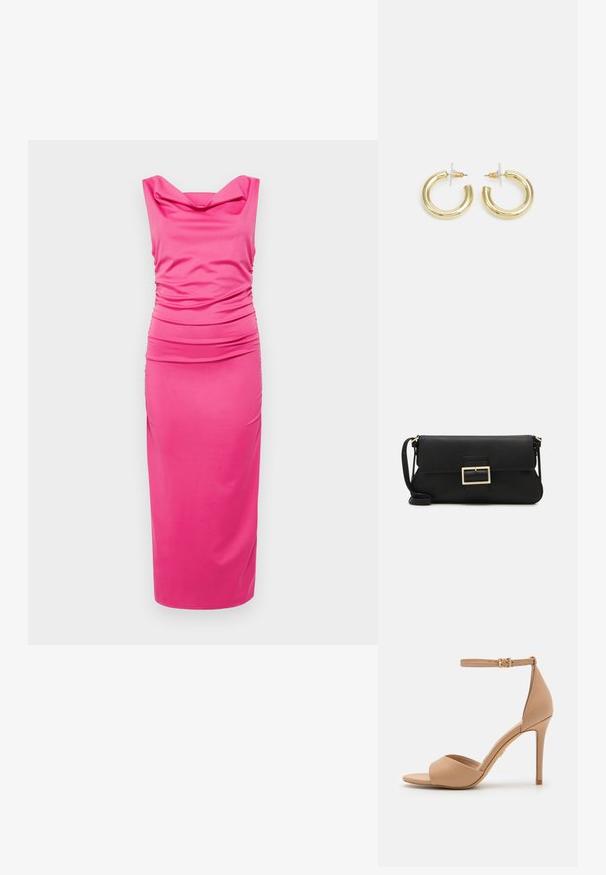 Oblékací růžové šaty vyrobené z elastického materiálu, s výstřihem do tvaru kápě a nabranými detaily na bocích, s hladkou midi délkou sukně.; ALDO CRERIDE PILLOW WALK - Páskové sandály - beige; Černá kožená psaníčko s klopou a zlatým kovovým detailním sponou. Součástí je černý popruh a elegantní, minimalistický design.; Zlaté kruhové náušnice s hladkým, lesklým povrchem. Kruhový design s malým kolíčkem a průhledným záznamem pro bezpečné nošení.