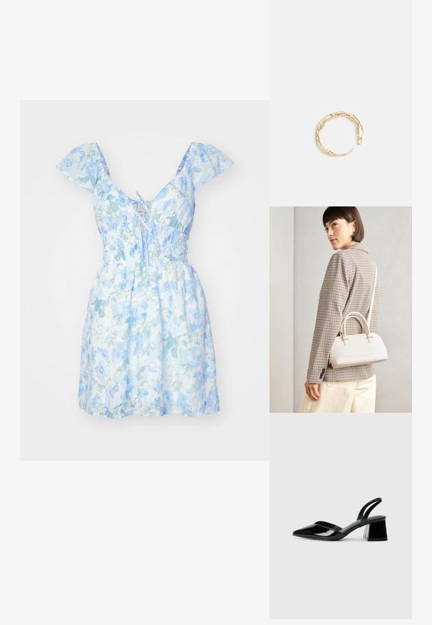 Gėlėta suknelė šviesiai mėlynos ir baltos spalvos, trumpomis pūstomis rankovėmis, su raišteliu priekyje, surinkta liemeniui ir platėjančia sijona, pagaminta iš minkštos, tekstūruotos medžiagos.; Juodos lakuotos odinės šlepetės su smailiu pirštu ir geometriniu bloko kulnu. Turi elegantišką, minimalistinį dizainą ir lygų paviršių.; Balta struktūruota rankinė su trumpomis rankenomis ir peties diržu, su auksinėmis detalėmis ir tekstūruota medžiaga, pastatyta prieš pilką foną.; Auksinės spalvos žiedas, turintis organišką, sukimosi dizainą su lygiu paviršiumi ir siaurėjančiais galais, sukuriantis modernią skulptūrinę išvaizdą.