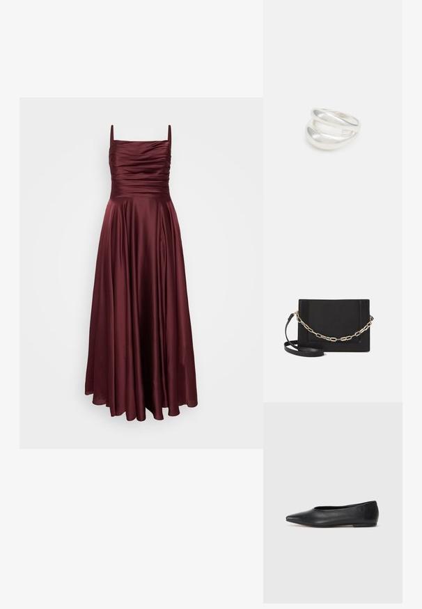 My Mascara Curves Oblečenie na špeciálnu príležitosť - burgundy; Čierne kožené baletky, špicatý špička, minimalistický dizajn, hladká textúra, nízky podpätok, bez viditeľných prvkov alebo ozdôb.; Čierna kožená crossbody taška s hladkou textúrou, obdĺžnikovým tvarom a kovovým reťazovým detailom na prednej strane. Súčasťou je nastaviteľný popruh.; Strieborný prsteň s dvojitým pásikom s hladkým, lesklým povrchom. Má plynulý, zakrivený dizajn s prekryvajúcimi sa časťami pre moderný vzhľad.