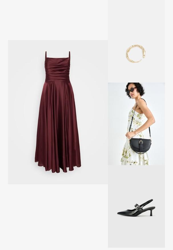 My Mascara Curves Apģērbs svinīgiem gadījumiem - burgundy; Melnas lakotas ādas sūkņa kurpes ar norādītu purngali un mazu bloku papēdi, ar sudraba sprādzi akcentā uz jostas.; Melnas ādas rokassoma ar izliekta formu, noņemamu siksnu un zelta aksesuāriem. Somai ir vāciņš ar sprādzes detaļu.; Zelta toņa gredzens ar organisku, vērptu dizainu, gludu virsmu un sašaurinātiem galiem, radot mūsdienīgu, skulpturālu izskatu.