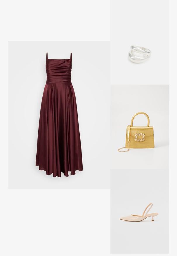 My Mascara Curves Proginė apranga - burgundy; Bežinės patentinės odos slingback kulniukai su smailiu priekiniu kraštu ir prašmatniu kvadratiniu kulnu. Lygus paviršius ir minimalizmo dizainas be puošmenų.; Geltonas dirbtinės krokodilo odos rankinukas su standžiu dizainu, viršutine rankena, nuimamu grandininiu dirželiu ir dekoratyviniu krištolo papuošimu ant užsegimo.; Sidabrinis dvigubas žiedas su lygiu, poliruotu paviršiumi. Pasižymi sklandžiu, kreiptu dizainu su persipinančiomis dalimis, suteikiančiomis modernų išvaizdą.