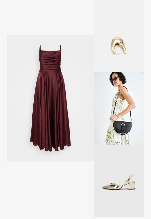 My Mascara Curves Ballkjole - burgundy; Gull, metallisk slingback-hæler med spiss tå og chunky hæl. Glatt tekstur, minimalistisk design og en smal stropp.; Svart lærveske med en buet form, avtagbar stropp og gullbeslag. Vesken har et klaff med spenne-detall.; Gullfarget metalløredobber med et elegant, buet design. Har en karakteristisk spiss form, polert overflate og hengsel-lukking.