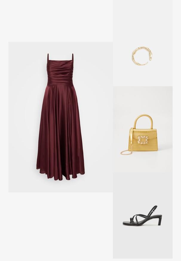 My Mascara Curves Apģērbs svinīgiem gadījumiem - burgundy; Melnas strappy sandales ar kvadrātveida purngaliem un zemu bloku papēdi. Ievērojamas ar vairākiem plāniem siksniņām un regulējamu potītes siksniņu. Izgatavotas no gludas ādas.; Dzeltena mākslīgā krokodila roku soma ar strukturētu dizainu, augšējo rokturi, noņemamu ķēdes siksniņu un dekoratīvām kristāla rotājumiem aizdares daļā.; Zelta toņa gredzens ar organisku, vērptu dizainu, gludu virsmu un sašaurinātiem galiem, radot mūsdienīgu, skulpturālu izskatu.