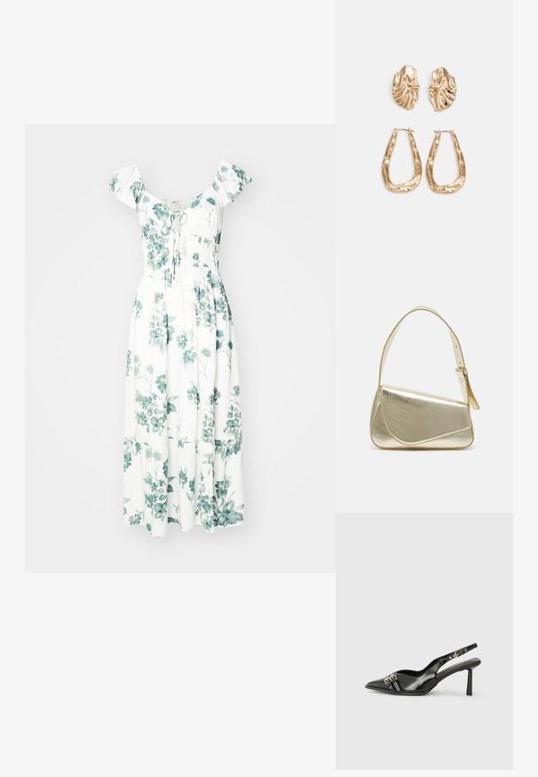 Hvit blomsterkjole med grønne botaniske mønstre, pufferm, innsnørt midje og en flytende, ankel-lengde skjørtekant. Laget av lett stoff.; Sorte patentlær slingback-sko med spiss tå, ankelremmer med sølvspenner og detaljer, og en slank hæl.; Gullfarget metallisk håndveske med en strukturert design, glatt tekstur og justerbar stropp. Har en unik trekantet form og minimalistisk søm.; Gullfargede øredobber med teksturerte, bølgete former. Inkluderer skulpturelle klipsstuds og åpen hoop-design med en hamret finish.