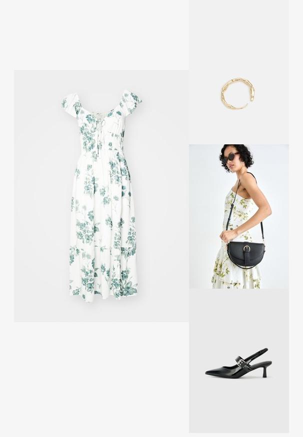 Bijela cvjetna haljina s zelenim botaničkim uzorcima, napuhanim rukavima, strukom s lepršavim krojem i suknjom do gležnja. Izrađena od lagane tkanine.; Crne lakirane slingback potpetice s oštrim prstom i malom blok petom, s naglaskom na srebrnoj kopči na remenu.; Crna kožna torba s lukovitim oblikom, odvojivim remenom i zlatnim detaljima. Torba ima preklop s kopčom.; Prsten u zlatnoj nijansi s organskim, uvijenim dizajnom, glatkom teksturom i suženim krajevima, koji stvara moderan, skulpturalni izgled.