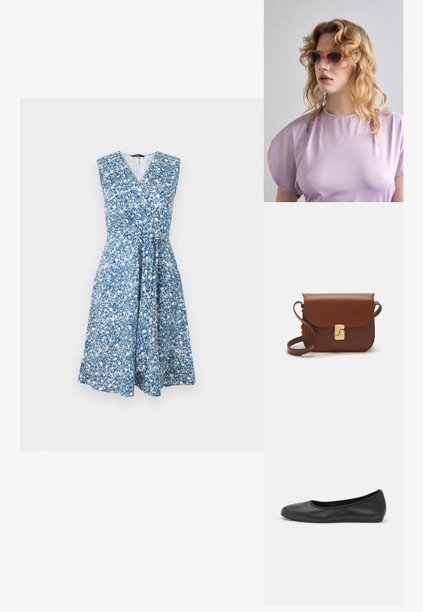 Blommönstrad klänning i blått och vitt, ärmlös med V-ringning, åtsittande midja och flödande kjol. Tillverkad av lätt material.; Svart läderballerinaskor med rund tå, slät yta, minimala söm detaljer och en flexibel sula.; Rosa tonade solglasögon med en geometrisk ram, tillsammans med en mjuk lavendelfärgad topp med rund halsringning och korta ärmar.; Brun läderhandväska med klaffstängning, guldfärgad hårdvara, axelrem och en slät yta. Kompakt rektangulär form.