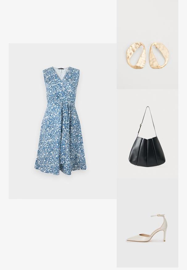 Mėlyna ir balta gėlių raštų suknelė, be rankovių, su V formos iškirpte, su įtrauktu liemeniu ir plazdančiu sijonu. Pagaminta iš lengvos medžiagos.; Balti odiniai aukštakulniai batai su smailiu priekiniu galu, kulkšnies dirželiu ir siauru stiletu. Lygi tekstūra su subtiliu blizgiu paviršiumi.; Juodas odinis peties krepšys su raukšlėtu dizainu, lygia tekstūra, viena juosta ir subtiliu auksiniu akcentu.; Nedidelis nereguliarus ovalo formos aukso tono metalinių auskarų pora su tekstūruota, šiek tiek kalta paviršiumi ant balto fono.