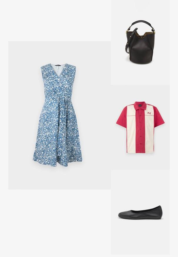 Kvetinové šaty v modrej a bielej farbe, bez rukávov s V-výstrihom, so sťahovaním v páse a splývavým sukňou. Vyrobené z ľahkého materiálu.; Košela s krátkym rukávom a gombíkmi, ktorá má červené a biele vertikálne pruhy, je vyrobená z bavlny a na ľavej strane hrude je vyšitý logo.; Čierne kožené baleríny s okrúhlou špičkou, hladkým povrchom, minimálnym prešívaním a flexibilným dizajnom podrážky.; Čierna kožená vedro taška s textúrovaným povrchom, zlatými kovovými detailami a otvoreným vrcholom. Obsahuje krátku rukoväť a nastaviteľný ramenný popruh.