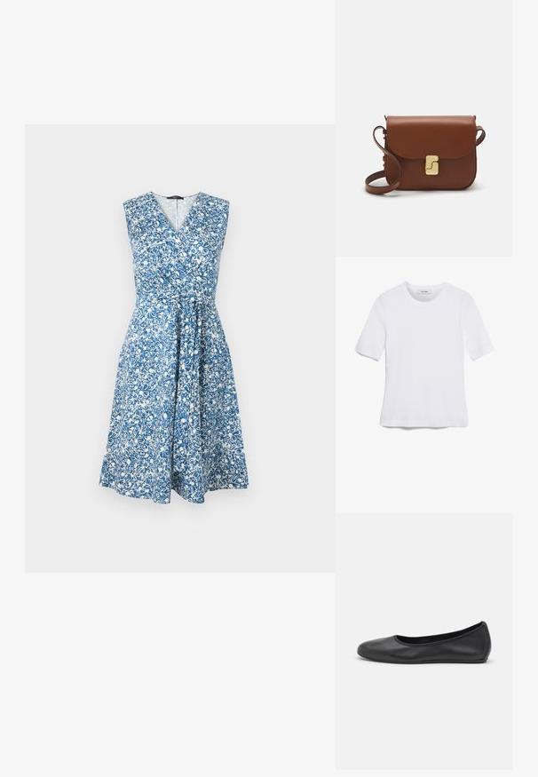 Sinine ja valge lilleline kleit, algelise varrukata, V-kaelusega, vööd kinni tõmbav ja voolav seelik. Valmistatud kerge materjali vä.; Valge lühikeste varrukatega T-särk ribatud kangast. Ümara kaelusega, tavalisest sobivusest ja peente õmbluse detailidega. Ilma mustrite või graafikateta.; Musthave mustika tantsutossud mustast nahast, ümmarguse varbaga, siledast tekstuurist, minimaalse õmblusdetailiga ja paindliku tallakujundusega.; Pruunist nahast käekott, millel on klapiga sulgur, kuldne riistvara, õlarihm ja sile tekstuur. Kompaktne ristkülikukujuline vorm.