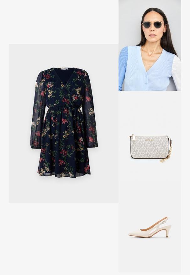 Φλοράλ φόρεμα σε ναυτικό ύφασμα, με αναδιπλωμένο σχέδιο, μακριές διαφανείς μανίκες και ελαστική μέση. Διακοσμημένο με πολύχρωμα λουλούδια.; Λευκή γόβα slingback με μυτερή μύτη, λείο υλικό επάνω, χαμηλό τετράγωνο τακούνι και σχέδιο με κοπή στο πλάι με ρυθμιζόμενο λουρί κουμπώματος.; Στρογγυλά γυαλιά ηλίου με σκούρους φακούς και χρυσά σκελετό. Το μοντέλο φοράει ένα ανοιχτό μπλε, ριχτό cardigan με κουμπιά και αντίθετους λευκούς μανίκες.; Πορτοφόλι Michael Kors σε μπεζ επεξεργασμένο καμβά με επαναλαμβανόμενο μοτίβο λογοτύπου MK, χρυσές λεπτομέρειες και αποσπώμενη αλυσίδα.