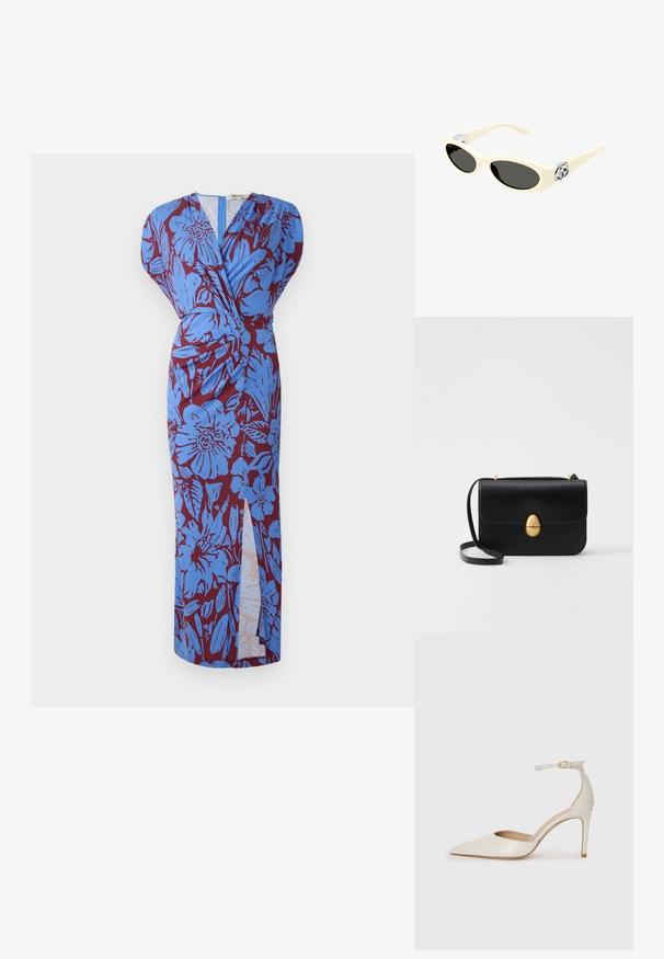 Długa sukienka z dekoltem w serek, z niebieskim kwiatowym wzorem na burgundowym tle, wykonana z gładkiego materiału z bocznym rozcięciem.; Białe skórzane szpilki z ostrym noskiem, paskiem wokół kostki i cienką szpilkową obcasem. Gładka faktura z subtelnym połyskiem.; Okulary przeciwsłoneczne w kolorze kremowym z owalnymi soczewkami, czarnym przyciemnieniem i metalowymi logo na zausznikach. Gładka faktura, design w stylu kociego oka.; Czarna skórzana torba na ramię o strukturalnym prostokątnym kształcie. Posiada złoty owalny zamek i cienki pasek na ramię. Gładka faktura.
