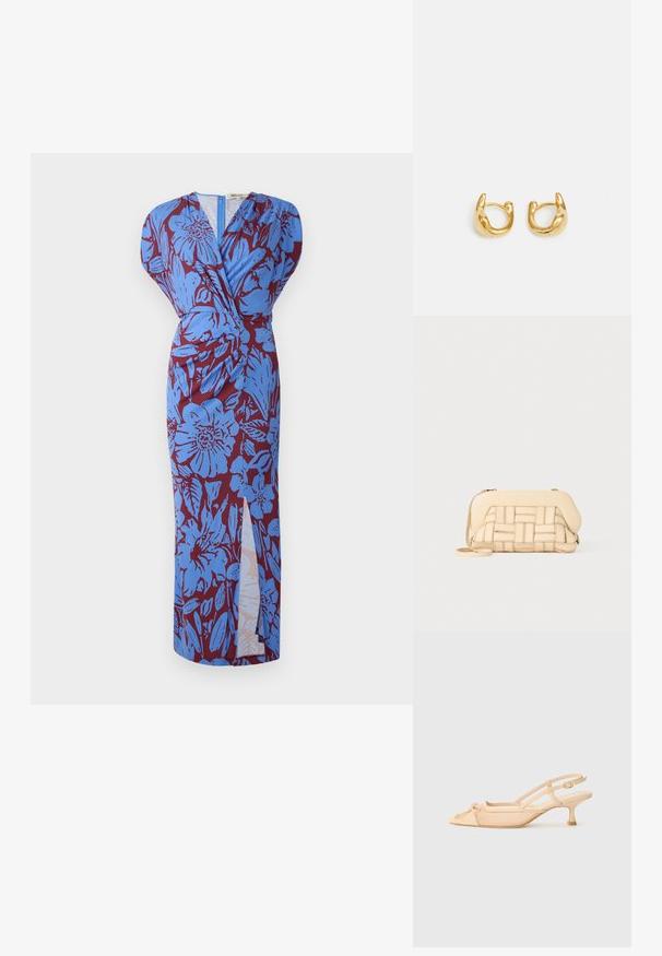 Ilga suknelė su apvyniojimo dizainu, su mėlynu gėlių raštu ant bordo fono, pagaminta iš lygaus audinio su šonine skeltuka.; Stuart Weitzman KITTY - Klasikiniai aukštakulniai - beige/barely beige; Austintais bežinis rankinukas su struktūrizuotu dizainu, turintis lygią viršutinę dalį ir ilgas diržas. Tekstūruoti elementai pagerina bendrą išvaizdą.; Auksiniai auskarai-žiedai su lygiu, apvaliu dizainu ir blizgiu paviršiumi. Auskarai turi kompaktišką, masyvų forma ir be siūlių užsegimą.