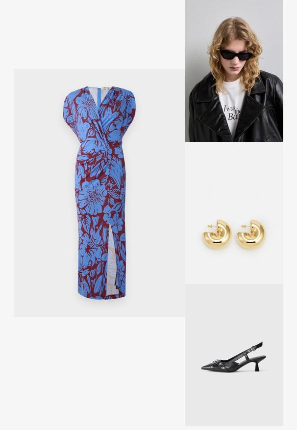 Vestido largo con diseño envolvente, que presenta un patrón floral azul sobre un fondo burdeos, fabricado en una tela suave y con una abertura lateral.; Zapato de slingback negro de piel con punta afilada, correas decorativas con ojales de metal y un tacón bajo y ancho. Superficie texturizada.; Gafas de sol negras con un diseño elegante y angular. El modelo lleva una chaqueta de cuero negra sobre una camiseta blanca con texto impreso, frente a un fondo neutral.; Pendientes de aro de metal dorado con un diseño curvado y brillante. Presentan una forma de media luna con superficies suaves y cierre de presión en la parte posterior.