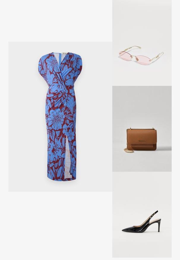 Dolga obleka s ovitek oblikovanjem, ki ima modri cvetlični vzorec na bordo ozadju, izdelana iz gladkega blaga z stranskim razporkom.; Črne lakirane slingback čevlje z izostrenim nosom, ozkim peto in subtilnim izrezom. Na traku je zlata sponka.; Gucci Sončna očala - gold-coloured/pink; Rjava teksturirana usnjena torba čez ramo z zlatim verižnim trakom in zapiranjem na pokrov. Spredaj je vidna podrobnost logotipa in žep pod pokrovom.