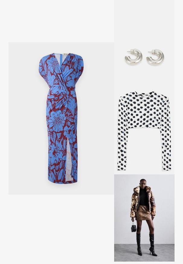 Długa sukienka z dekoltem w serek, z niebieskim kwiatowym wzorem na burgundowym tle, wykonana z gładkiego materiału z bocznym rozcięciem.; Krótką bluzkę z długim rękawem z elastycznego białego materiału z czarnym wzorem w kropki, o gładkiej fakturze i okrągłym dekolcie.; Kurtka puchowa w brązowo-czarny wzór, w połączeniu z brązową mini spódnicą w wężowy wzór, czarnymi wysokimi kozakami do kolan i małą czarną torebką.; Srebrne kolczyki w kształcie kółek o gładkim, zakrzywionym kształcie i teksturowanej powierzchni, z sztyftem do zapięcia.