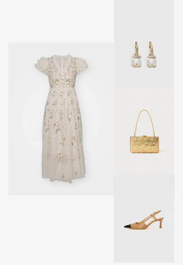 Needle & Thread POSY V NECK BALLERINA DRESS - Vestido de cocktail / Vestido de festa - cream; Sapatos de salto slingback em tan com biqueira preta pontiaguda, com laterais recortadas e salto bloco de altura média. Material em couro macio.; Clutch dourada em lantejoulas com formato retangular, apresentando uma alça de corrente torcida e um fecho de metal, refletindo a luz com um acabamento texturizado.; Brincos em tom de ouro com um cristal retangular claro pendurado abaixo de uma linha de pequenos acentos redondos claros. Design elegante e moderno.